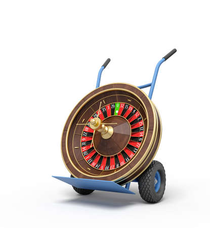 3d rendering of navy blue hand truck standing upright with casino roulette wheel on it.の写真素材