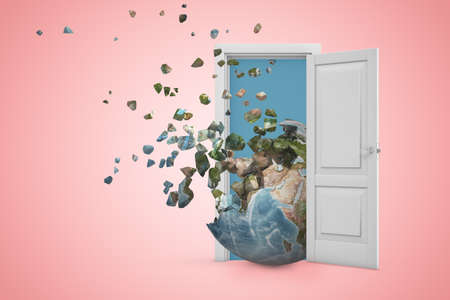 3d rendering of Earth globe shattering into pieces in white open doorway on light pink backgroundの写真素材
