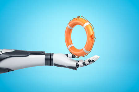 3d rendering of robotic hand holding orange boat lifebuoy on blue backgroundの写真素材