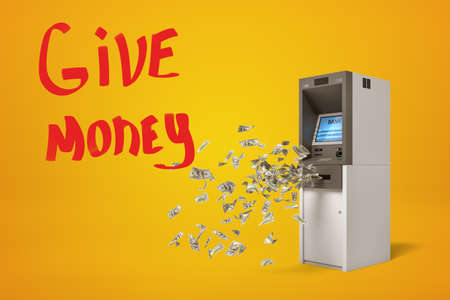 3d rendering of dollars falling out of ATM machine with give money sign on yellow backgroundの写真素材