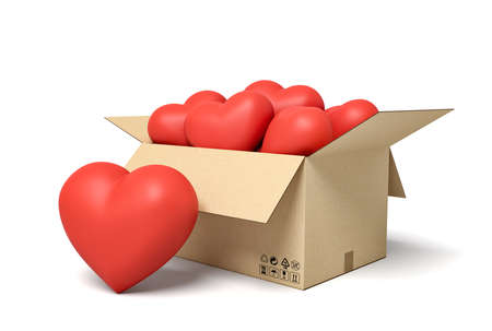 3d rendering of cardboard box full of cute red hearts.の写真素材