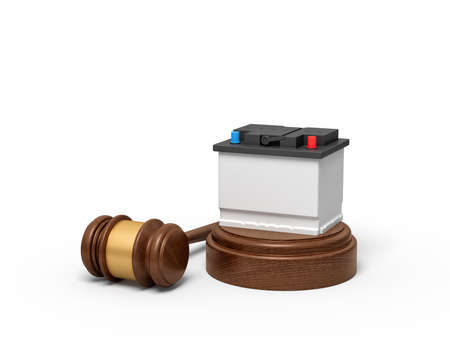 3d rendering of accumulator on round wooden block and brown wooden gavelの写真素材