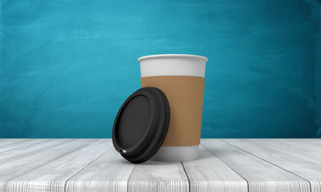 3d rendering of paper coffee cup on white wooden floor and dark turquoise backgroundの写真素材