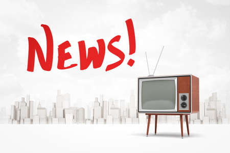 3d rendering of red title News and retro TV set standing against background of gray and white modern city.の写真素材
