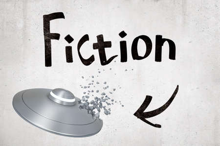 3d rendering of silvery gray UFO, one of its sides breaking into pieces, against concrete wall with title Fiction.の写真素材