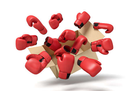 3d rendering of cardboard box in air full of red boxing gloves which are flying out and floating outside.の写真素材