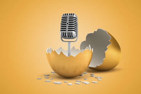 3d rendering of metal microphone that just hatched out from golden egg.の写真素材