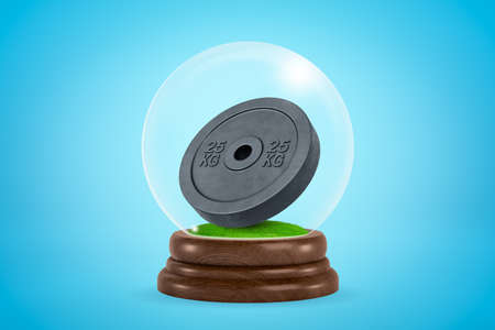 3d rendering of black 25 kg weight plate inside glass ball globe on light blue background.の写真素材