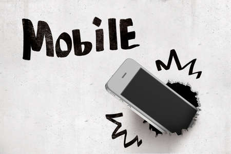 3d rendering of concrete wall with title Mobile and mobile phone that has broken through from behind the wall.の写真素材