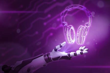3d rendering of android hand levitating headphones on blurry purple background.の写真素材
