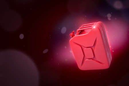 3d rendering of red gasoline can on dark neon backgroundの写真素材