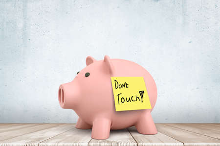 3d rendering of pink piggy bank with yellow 'Don't touch' note on wooden floor and white wall background. Digital art. Banking and finance. Money saving.の写真素材