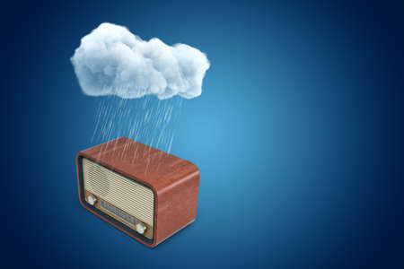 3d rendering of white rainy cloud above vintage retro radio on blue backgroundの写真素材