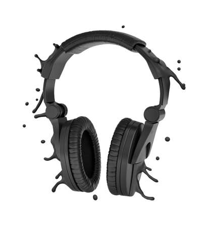 3d close-up rendering of black melting headphones isolated on white background, splashing black drops around.の写真素材