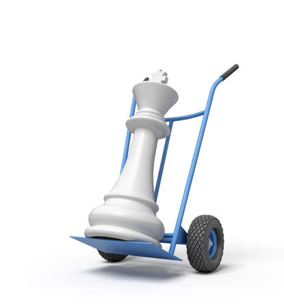 3d close-up rendering of white chess king on blue hand truck.の写真素材