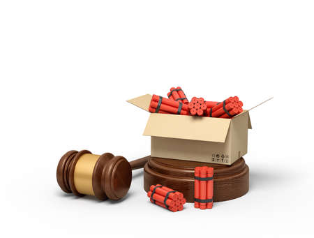 3d rendering of cardboard box full of dynamite standing on sounding block with judge gavel lying beside block.の写真素材