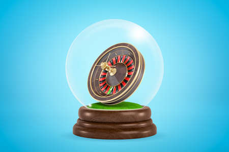 3d rendering of miniatured casino wheel inside glass ball globe on light blue background.の写真素材