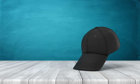 3d front rendering of black baseball cap on wooden floor near blue wall with copy space. Headwear. Clothes and accessories. Casual style.の写真素材
