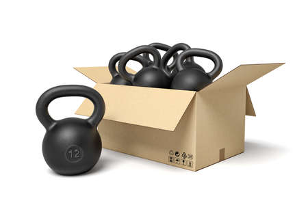 3d rendering of cardboard box full of several black kettlebells.の写真素材