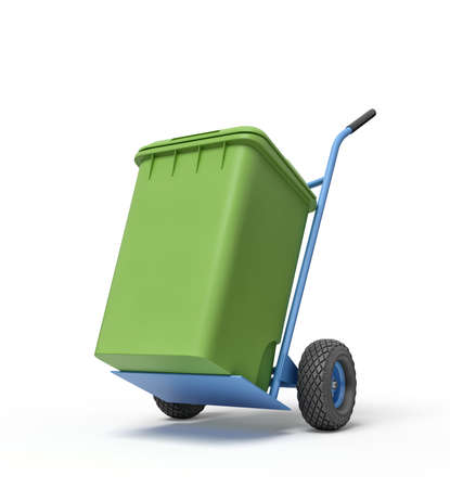 3d rendering of green trash can on blue hand truck.の写真素材