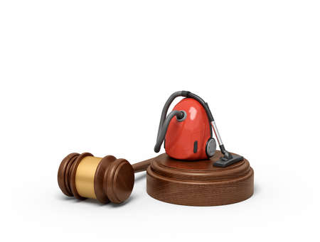 3d rendering of red vacuum cleaner on round wooden block and brown wooden gavelの写真素材