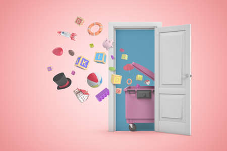 3d rendering of a white open doorway with random objects flying out of pink trash bin on light pink backgroundの写真素材