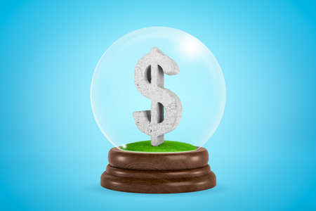 3d rendering of scuffed gray stone dollar symbol inside glass ball globe on light blue background.の写真素材