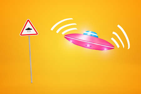 3d rendering of pink UFO which is about to land next to special UFO road sign on amber background.の写真素材