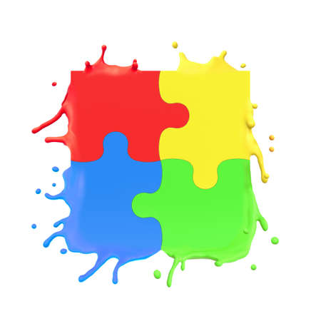 3d rendering of colorful puzzle pieces splashing isolated on white backgroundの写真素材