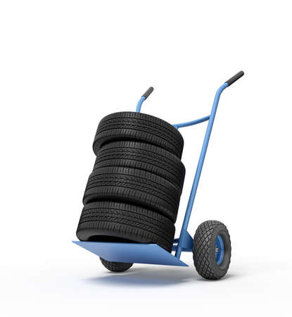 3d rendering of black vehicle tires on a hand truckの写真素材