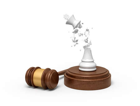 3d rendering of broken white chess king, its crumbs in air, standing on sounding block with gavel beside.の写真素材