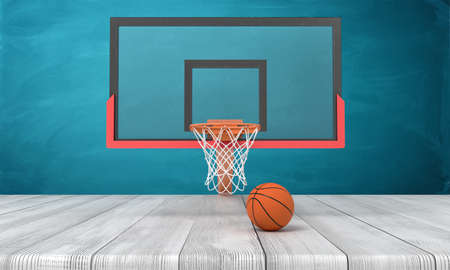 3d rendering of orange basketball ball and basketball hoop on white wooden floor and dark turquoise backgroundの写真素材