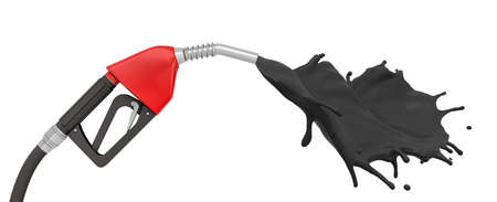 3d rendering of red and black fueling nozzle isolated on white background, splashing out strong jet of black liquid.の写真素材