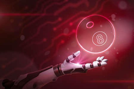3d rendering of robotic hand and pool and billiard ball on neon red backgroundの写真素材