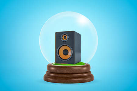 3d rendering of miniature audio column speaker inside glass ball globe on light blue background.の写真素材