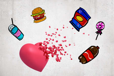 3d rendering of pink heart breaking into pieces on background of wall with hand-drawn pictures of fast food and carbonated drinks.の写真素材