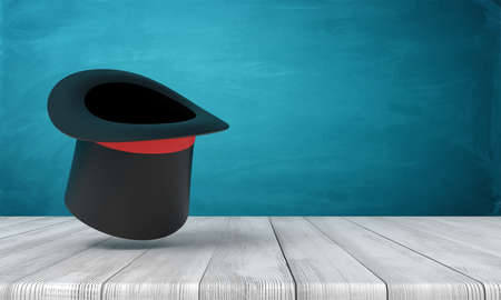 3d rendering of black top hat on white wooden floor and dark turquoise background. Digital art....