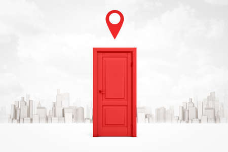 3d rendering of closed red door and red geotag above it against background of gray and white modern city.の写真素材