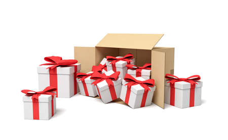 3d rendering of gift boxes in carton box. Holiday season fuss. Choice of presents. Holiday specials.の写真素材
