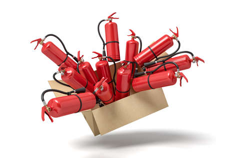 3d rendering of cardboard box in air full of red fire extinguishers which are popping out.の写真素材