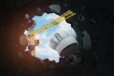 3d rendering of hoisting crane carrying white chefs toque and breaking black wall leaving hole in it with blue sky seen through.の写真素材