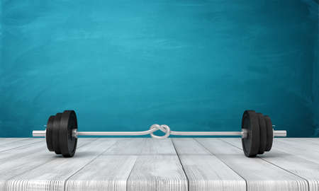 3d rendering of barbell with bar tied in small knot in the middle, lying on wooden floor near blue wall with copy space.の写真素材