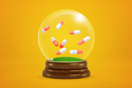 3d rendering of eight two-colored pills floating inside snowglobe on amber background.の写真素材