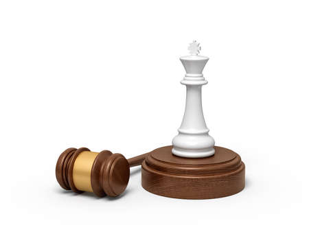 3d rendering of white chess king standing on sounding block with gavel lying beside.の写真素材