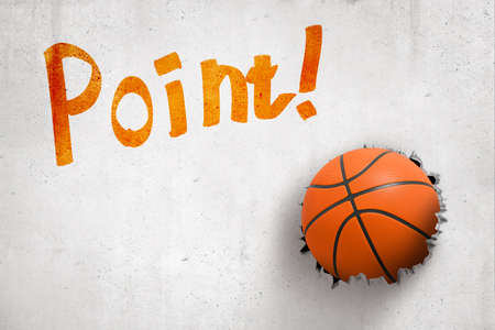 3d rendering of white wall with title Point and basketball smashed into wall.の写真素材