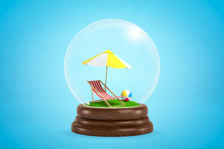 3d rendering of beach chair, beach umbrella and beach ball inside snow globe on light blue gradient background.の写真素材
