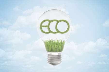 3d rendering of green grass and ECO sign inside a light bulb on blue sky backgroundの写真素材