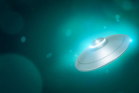 3d rendering of shiny silvery UFO on turquoise gradient bokeh background with copy space. Science fiction. Extraterrestrial intelligence. Ufology.の写真素材