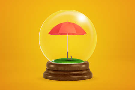 3d rendering of miniature red umbrella inside glass ball globe on amber background.の写真素材