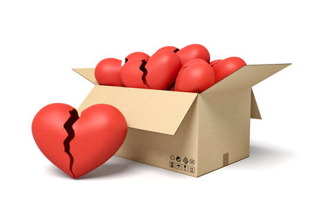 3d rendering of cardboard box full of red broken hearts.の写真素材